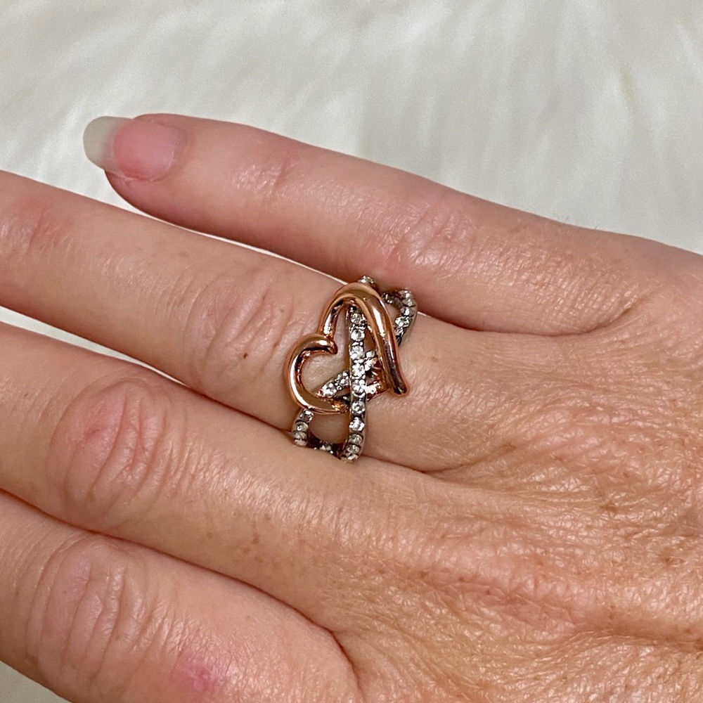 Rose Gold & Silver Simulated Diamond Heart Ring - Picture 10 of 12